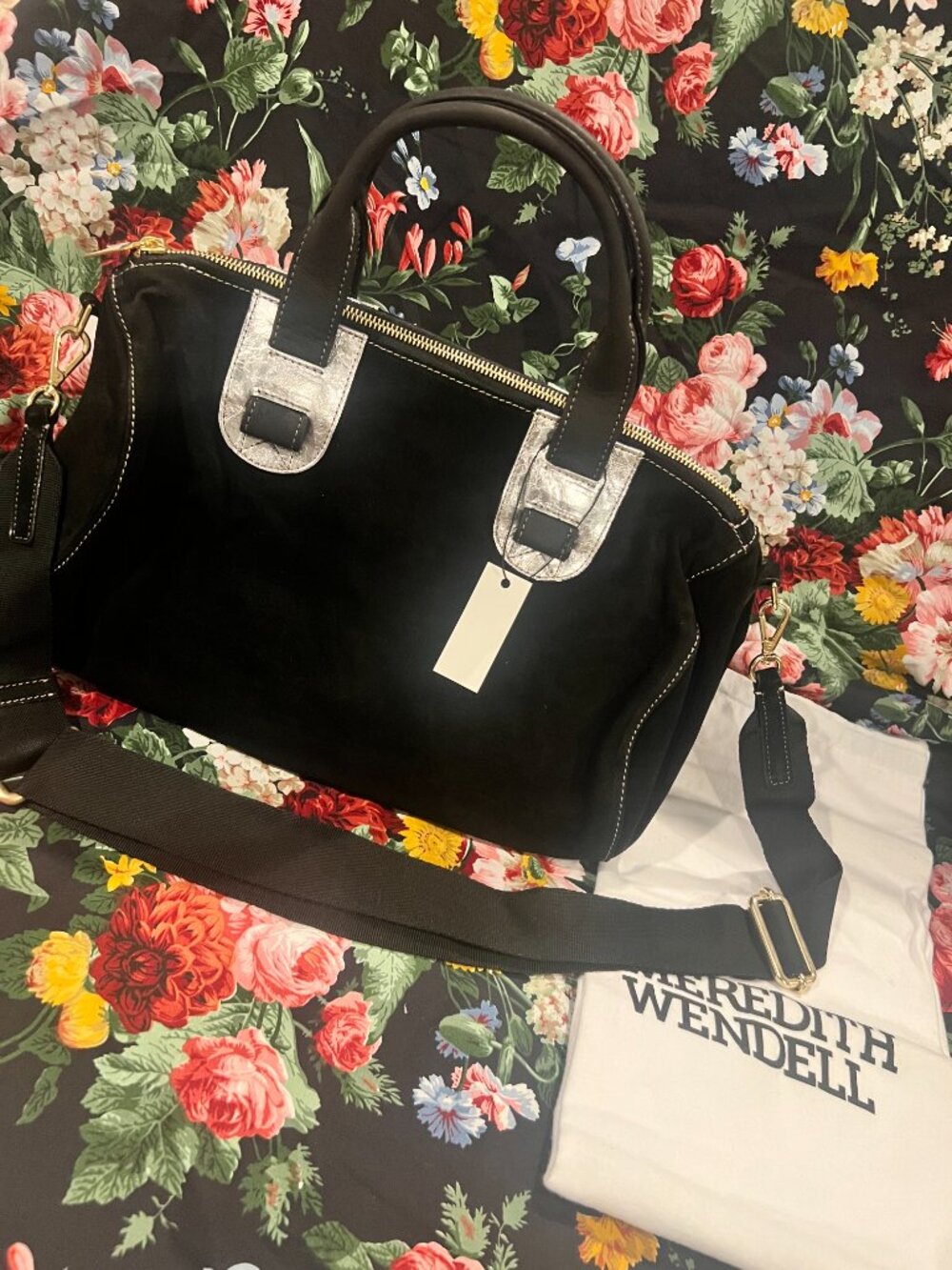 NWT Meredith Wendell Black Suede & Metallic Silver Leather Mini Duffel Satchel